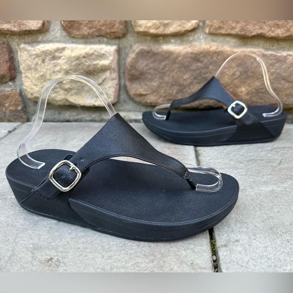 Fitflop Black Wedge Thong Sandals with Silver Buckles